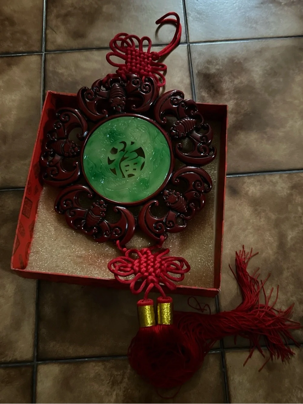 CHINESE JADE RESIN & WOOD GOOD LUCK WALL HANGING  VINTAGE
